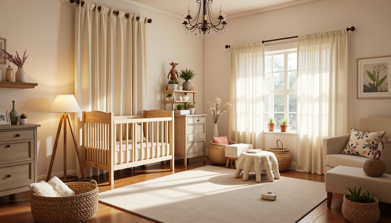 Prompt: Cozy baby room, soft warm lighting, cream-colored walls, wooden crib, plush toys, gentle color palette, vintage furniture, distressed wood accents, floral patterns, lace curtains, natural textiles, woven baskets, warm beige tones, creamy whites, pastel hues, delicate chandeliers, table lamps, floor lamps, warm glow, soft shadows, shallow depth of field, 1/2 composition, intimate atmosphere.