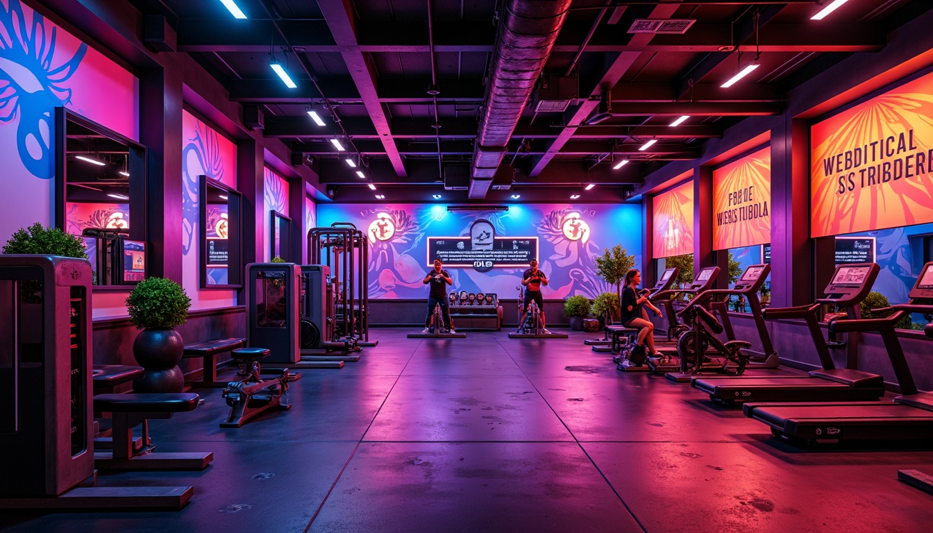 Prompt: Vibrant fitness club, energetic atmosphere, bold color scheme, neon-lit accents, dynamic patterns, motivational quotes, sleek modern equipment, polished metal surfaces, rubber flooring, mirrored walls, intense spotlights, high-contrast shadows, 1/2 composition, dramatic low-angle shot, realistic reflections, ambient occlusion.