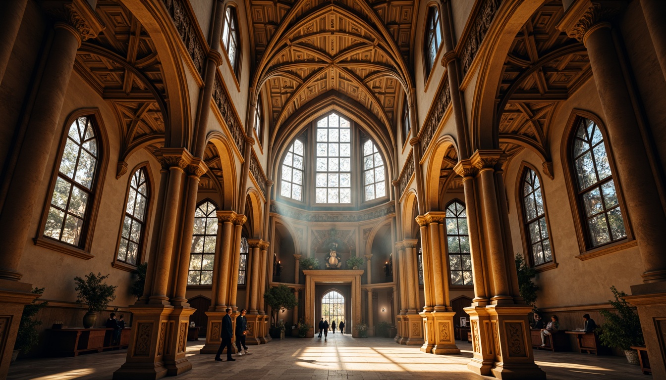 Prompt: Ornate archways, ribbed vaults, flying buttresses, stained glass windows, intricate stone carvings, grandiose entrance halls, ornamental pinnacles, dramatic verticality, richly textured stonework, mystical atmosphere, warm golden lighting, soft diffused shadows, 1/1 composition, symmetrical framing, high contrast ratio, vivid color palette, realistic architectural details.