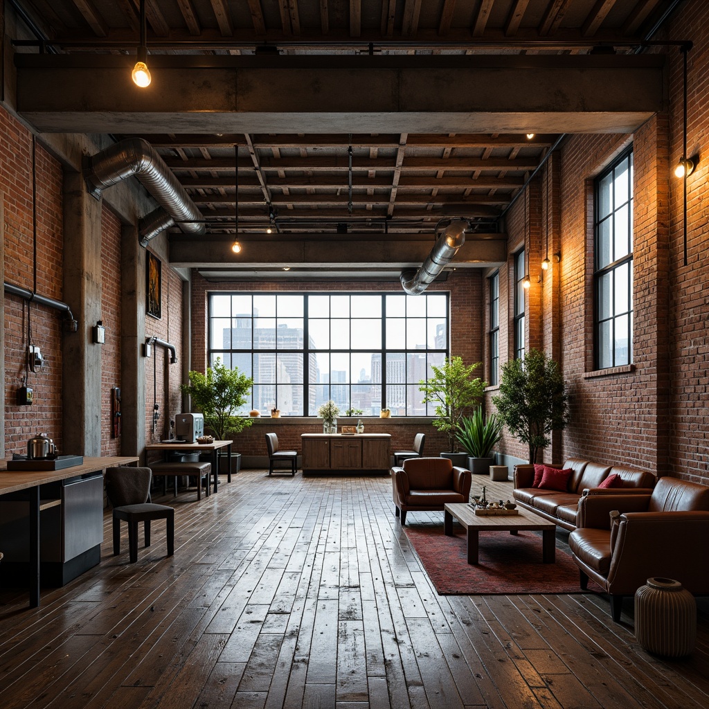 Prompt: Rustic industrial warehouse, exposed brick walls, metal beam ceilings, reclaimed wood floors, vintage factory machinery, Edison bulb lighting, urban cityscape views, concrete columns, steel-framed windows, distressed leather furniture, metal piping details, industrial-style decor, functional minimalist aesthetic, dramatic high ceilings, natural light pouring in, shallow depth of field, 1/2 composition, gritty textures, realistic ambient occlusion.