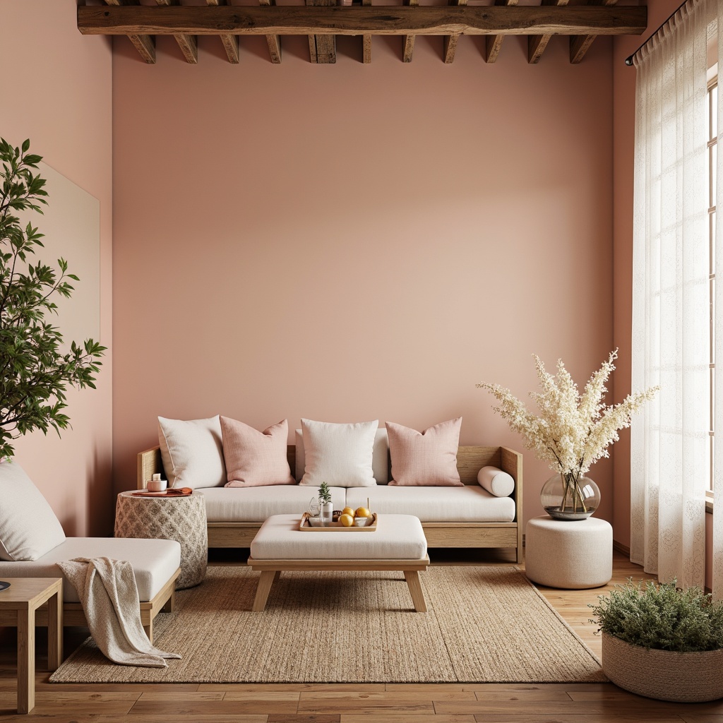 Prompt: Soft peach walls, distressed wood furniture, creamy white accents, pastel pink throw pillows, vintage lace curtains, woven seagrass rugs, natural linen fabrics, delicate floral patterns, warm beige tones, rustic wooden beams, gentle candlelight, shallow depth of field, 1/1 composition, dreamy soft focus, romantic ambiance.