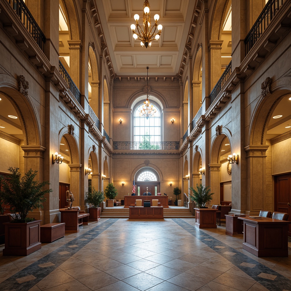 Prompt: Grandiose courthouse entrance, ornate stonework, majestic columns, spacious atrium, high ceilings, natural stone flooring, polished wood accents, elegant chandeliers, grand staircases, formal courtrooms, judge's bench, witness stands, lawyers' tables, comfortable seating areas, abundant natural light, soft warm illumination, shallow depth of field, 3/4 composition, realistic textures, ambient occlusion.