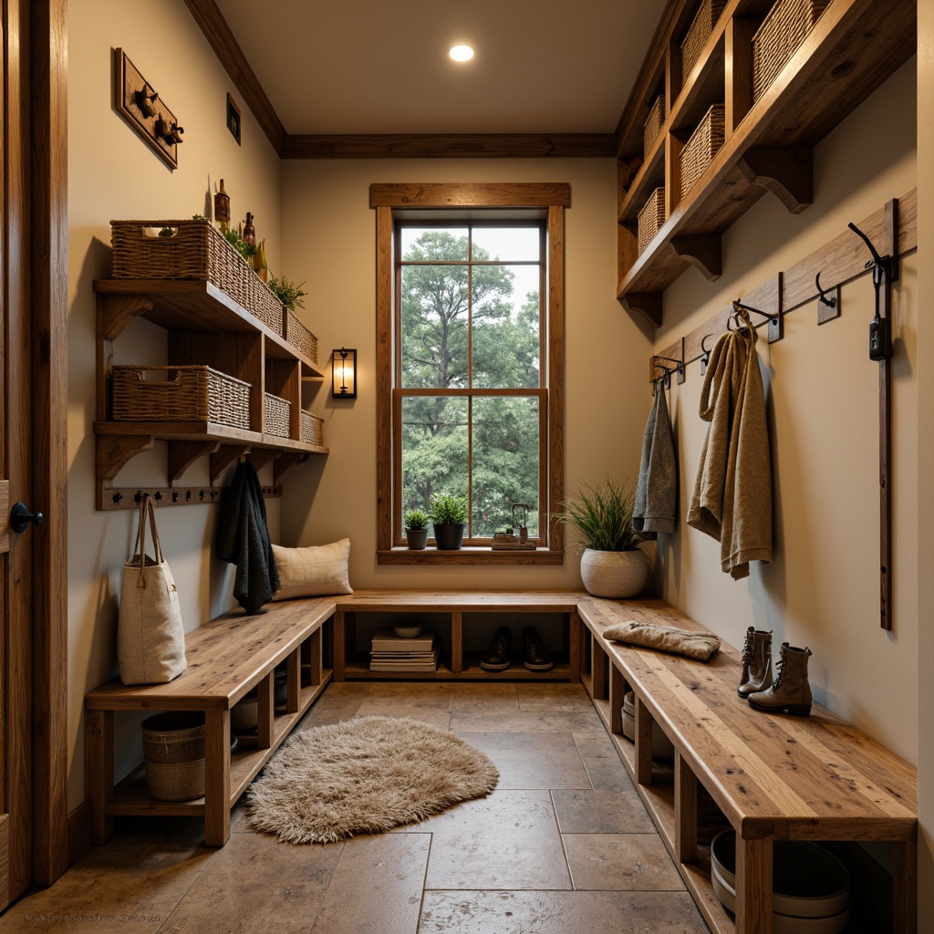 Prompt: Cozy mudroom, rustic wooden benches, woven baskets, natural stone flooring, earthy color palette, functional shelving units, decorative metal hooks, vintage-inspired lighting fixtures, plush area rugs, warm beige walls, organized storage compartments, leather straps, distressed wood accents, soft ambient lighting, 3/4 composition, realistic textures, subtle depth of field.