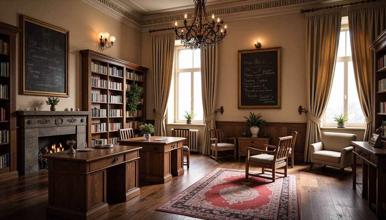 Prompt: Traditional wooden desks, vintage chairs, rustic bookshelves, cozy reading nooks, warm beige walls, classic blackboards, ornate ceiling lamps, rich wood flooring, plush area rugs, comfortable sofas, elegant window treatments, soft natural lighting, shallow depth of field, 2/3 composition, harmonious color palette, realistic textures, ambient occlusion.