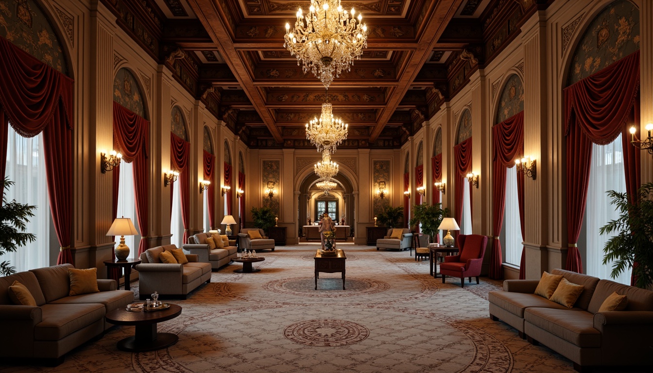 Prompt: Elegant interior, ornate moldings, intricately carved details, symmetrical compositions, classical columns, grand chandeliers, rich wood tones, luxurious fabrics, subtle lighting, warm color palette, refined textures, ornamental patterns, sophisticated furniture, velvet drapes, crystal accessories, stately proportions, high ceilings, dramatic archways, soft focus, shallow depth of field, 1/2 composition, atmospheric perspective.