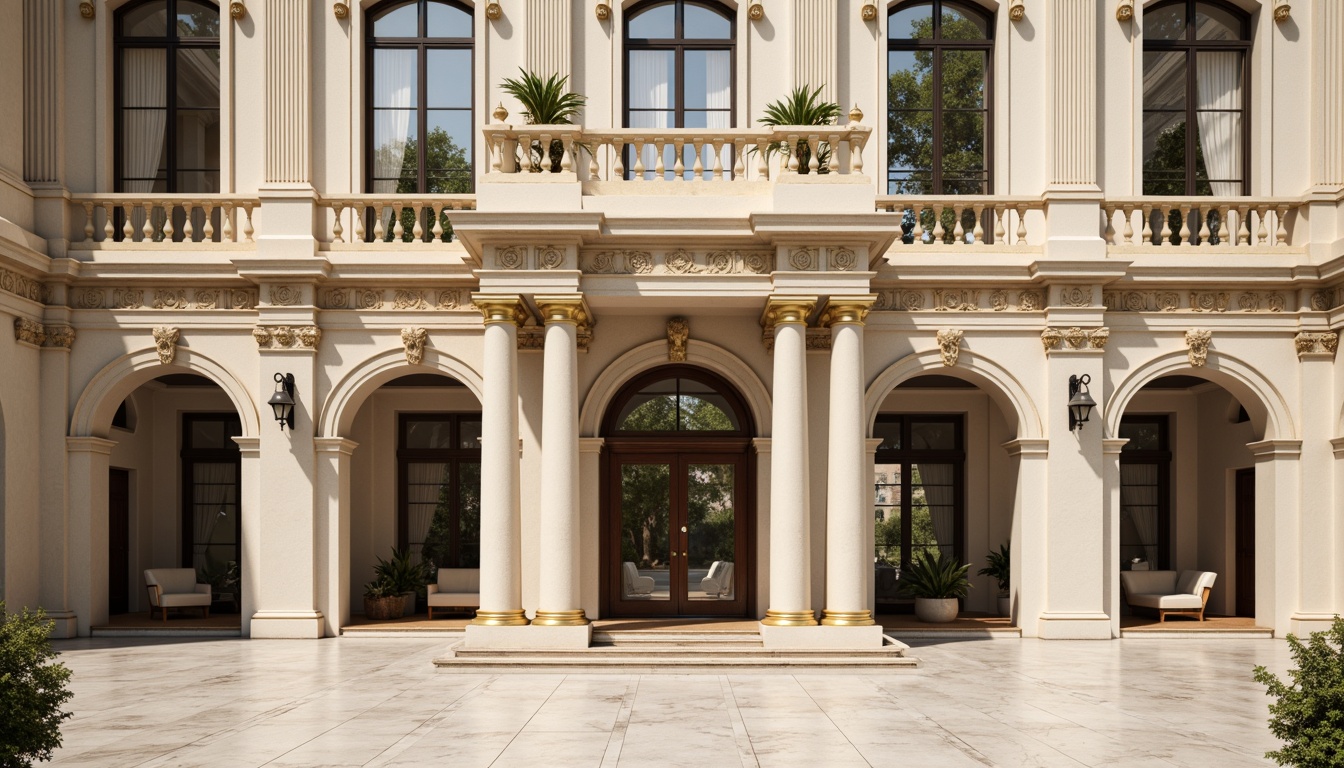 Prompt: Elegant neoclassical building, ornate stone carvings, symmetrical facade, grand entrance, Corinthian columns, arched windows, rich gold accents, cream marble floors, soft ivory walls, muted earth tones, subtle warm lighting, classic 3/4 composition, shallow depth of field, realistic textures, ambient occlusion.