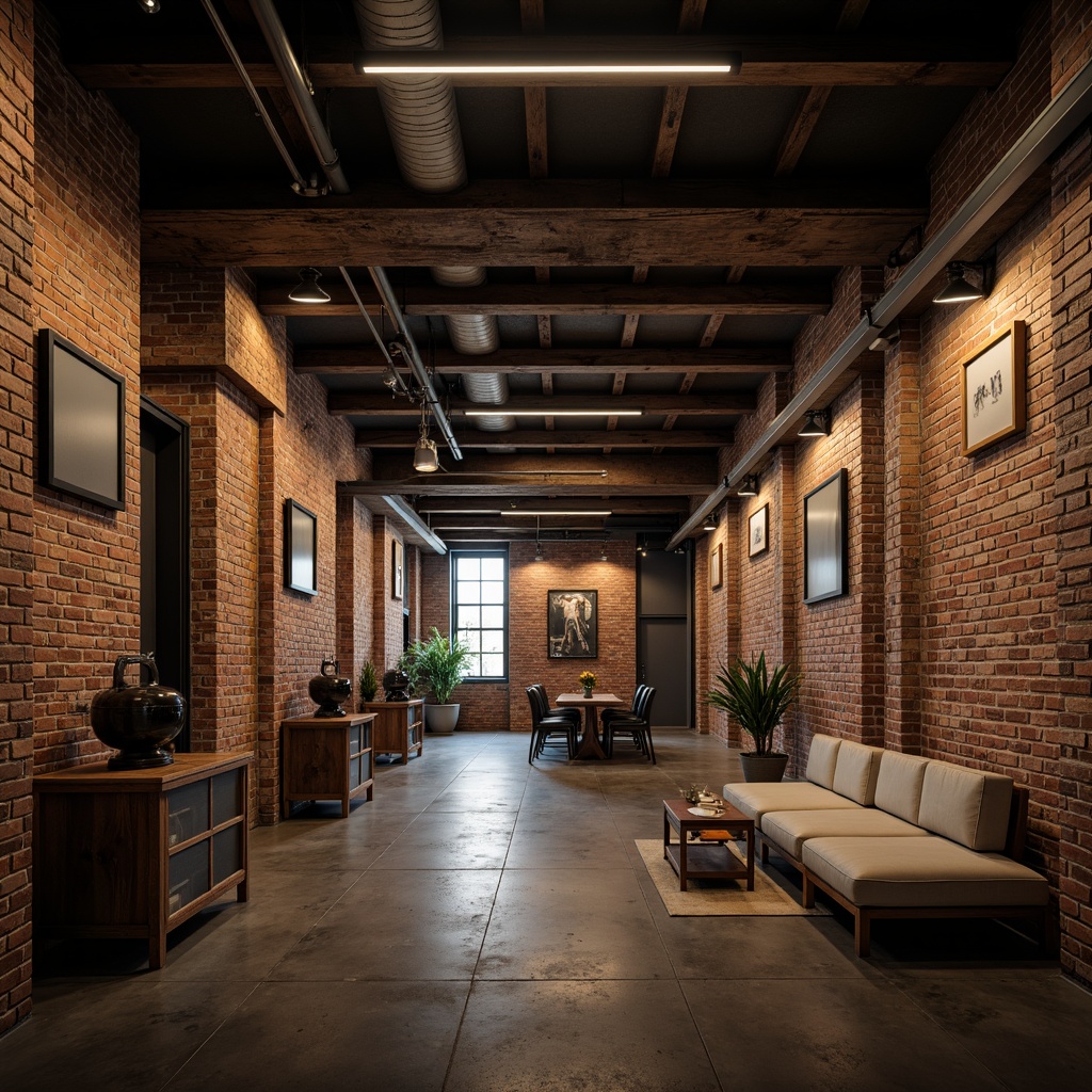 Prompt: Exposed brick walls, metal beams, reclaimed wood accents, industrial-style lighting fixtures, concrete floors, urban loft atmosphere, modern minimalist decor, functional pipes, distressed finishes, mechanical equipment, rugged textures, dynamic shadows, high contrast ratios, dramatic warm lighting, cinematic composition, realistic atmospheric effects.