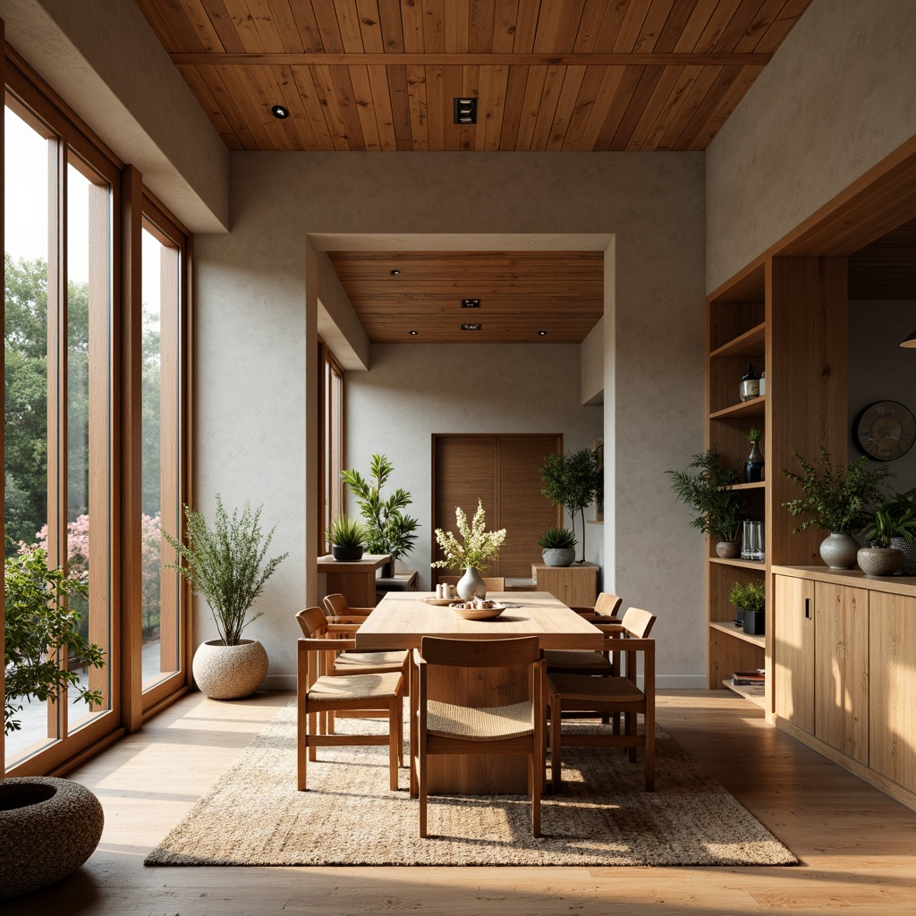 Prompt: Mid-century modern dining room, wooden furniture, sleek lines, minimal ornamentation, earthy color palette, warm lighting, open-plan layout, spacious interior, large windows, natural textiles, woven fibers, organic shapes, geometric patterns, functional decor, stylish accents, 3/4 composition, shallow depth of field, softbox lighting, realistic wood grain textures.