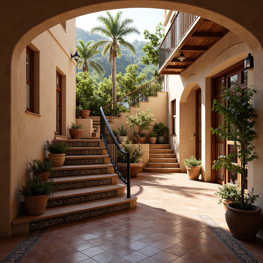 Prompt: Warm Mediterranean staircase, terracotta tiles, earthy color palette, ornate iron railings, curved lines, rustic wooden accents, natural stone walls, soft warm lighting, shallow depth of field, 1/1 composition, realistic textures, ambient occlusion, ornate ceramic tiles, geometric patterns, Azulejo-inspired designs, Moorish arches, intricate mosaics, warm beige tones, creamy whites, rich blues, sunny day, outdoor scenery, lush greenery.