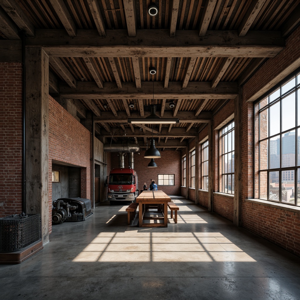 Prompt: Exposed brick walls, metallic beams, reclaimed wood accents, industrial-style lighting fixtures, concrete floors, urban cityscape backdrop, abandoned factory setting, distressed textures, vintage manufacturing equipment, metal mesh details, functional pipes, minimalist color palette, moody atmospheric lighting, shallow depth of field, 2/3 composition, cinematic framing, realistic wear and tear.