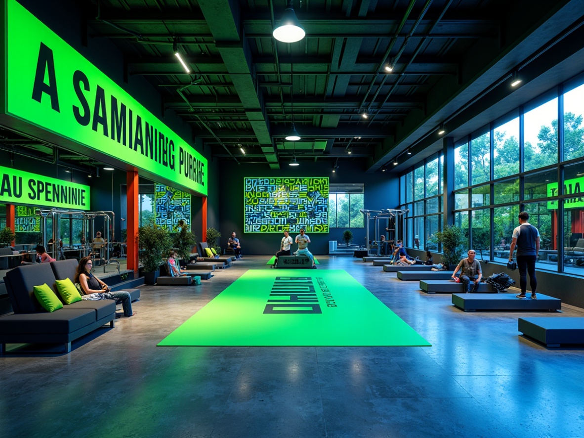 Prompt: Vibrant fitness studio, energetic atmosphere, bold color scheme, neon green accents, deep blue tones, motivational quotes, modern industrial architecture, polished concrete floors, metallic equipment, sleek mirrors, natural wood accents, uplifting lighting, warm ambiance, dynamic shadows, high-contrast colors, futuristic vibe, abstract geometric patterns, intense workout zones, calming relaxation areas.