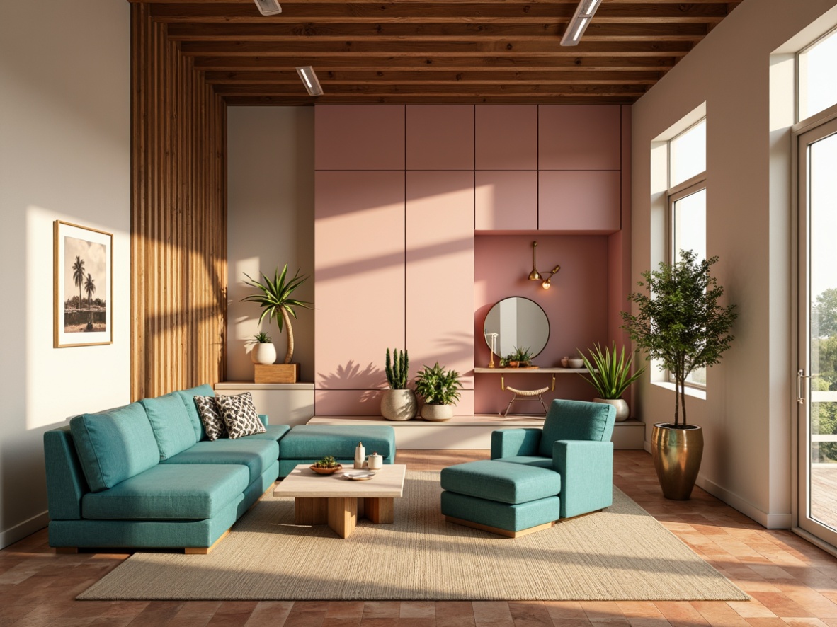 Prompt: Vibrant design studio, modern minimalist decor, neutral beige walls, rich wood accents, bold turquoise furniture, pastel pink highlights, metallic gold fixtures, natural textiles, earthy terracotta flooring, ample natural light, soft warm glow, shallow depth of field, 3/4 composition, realistic textures, ambient occlusion.