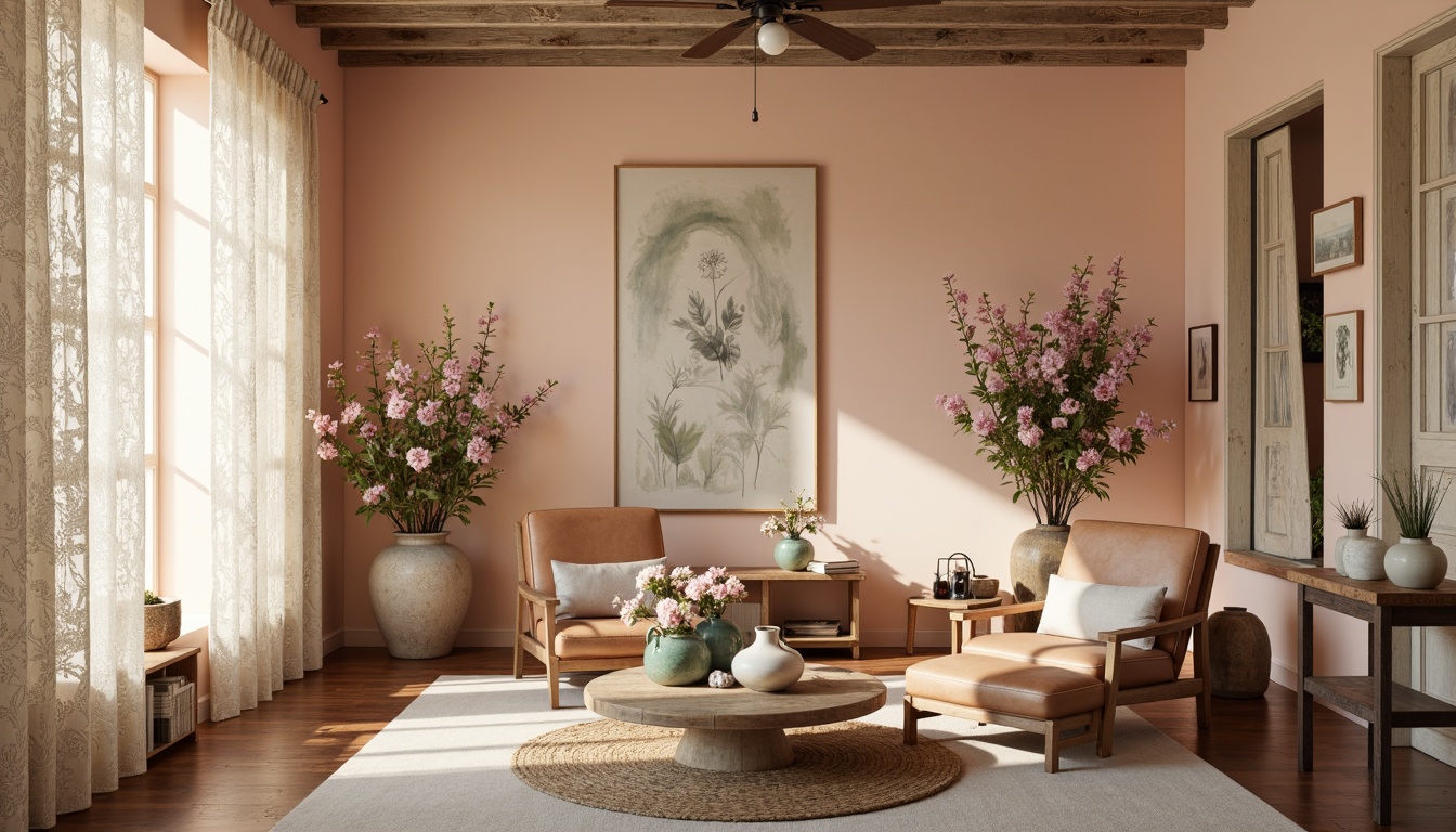 Prompt: Soft peach walls, distressed wood accents, vintage florals, lace curtains, rustic metal fixtures, worn leather armchairs, cream-colored ceramics, pale pink roses, faded turquoise vases, muted gold frames, linen fabrics, natural jute rugs, warm beige tones, gentle afternoon lighting, shallow depth of field, 1/1 composition, romantic ambiance.