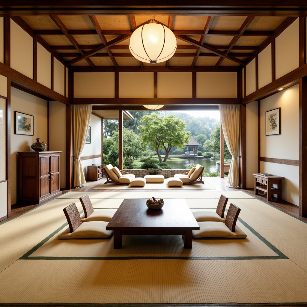 Prompt: Traditional Japanese tatami mats, low-seating wooden tables, sliding shoji screens, natural wood accents, minimalist decor, subtle lighting, paper lanterns, bonsai trees, serene water features, tranquil garden views, warm beige tones, soft cream hues, natural textiles, woven bamboo chairs, lacquered wooden cabinets, ornate Asian-inspired carvings, peaceful ambiance, 1/2 composition, soft focus, warm white lighting.