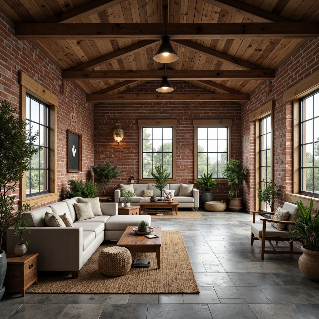 Prompt: Rustic farmhouse, exposed brick walls, reclaimed wood beams, metal accents, vintage industrial lighting, open concept living area, high ceilings, large windows, natural stone floors, cozy nooks, plush throw blankets, potted plants, modern minimalist decor, soft warm lighting, shallow depth of field, 3/4 composition, panoramic view, realistic textures, ambient occlusion.