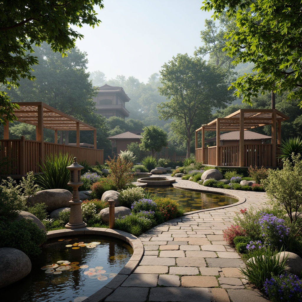 Prompt: Naturalistic zoo enclosure, rustic wooden fencing, lush greenery, exotic Asian flora, vibrant tropical flowers, water features, Koi ponds, stone lanterns, woven bamboo roofs, natural stone pathways, earthy tone flooring, reclaimed wood accents, warm ambient lighting, misty atmosphere, shallow depth of field, 3/4 composition, panoramic view, realistic textures, ambient occlusion.