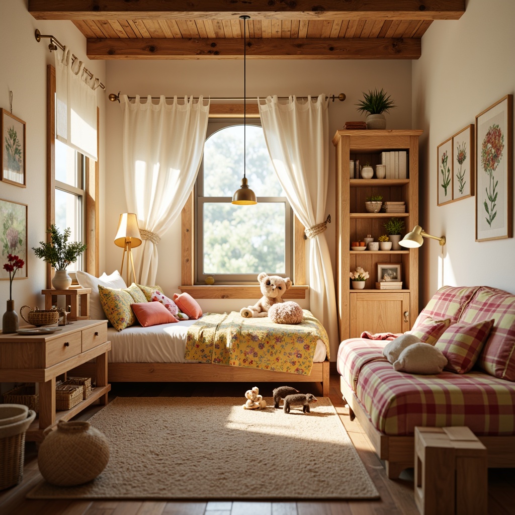 Prompt: Whimsical kids' room, vernacular style, warm wooden accents, soft cream walls, cozy reading nook, plush toys, vibrant colorful bedding, natural woven baskets, rustic wood furniture, earthy tone carpets, warm table lamps, string lights, gentle glow, softbox lighting, 1/1 composition, shallow depth of field, realistic textures, ambient occlusion.