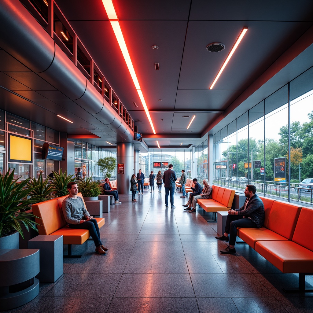 Prompt: Vibrant modern train station, bold color accents, dynamic lighting, sleek metallic surfaces, angular lines, futuristic architecture, spacious open areas, comfortable seating, digital information displays, convenient amenities, bustling urban atmosphere, morning rush hour, warm natural light, shallow depth of field, 1/2 composition, realistic textures, ambient occlusion.