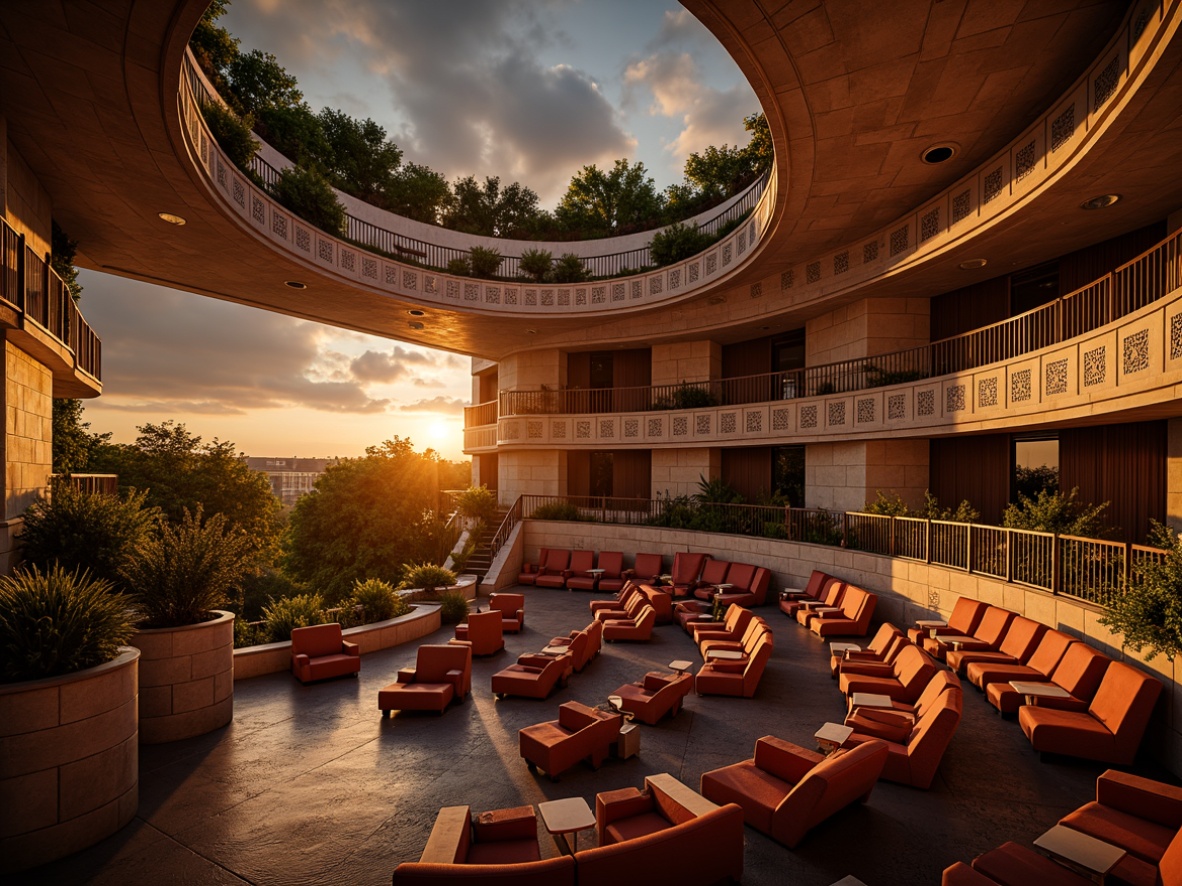 Prompt: Amphitheater interior, tiered seating, curved architecture, warm golden lighting, soft spotlighting, subtle shadows, vibrant color accents, rich wood tones, comfortable plush cushions, decorative metal railings, ornate stone walls, natural light pouring in, dramatic evening ambiance, warm sunset hues, gentle breeze, relaxed atmosphere, 1/2 composition, shallow depth of field, realistic textures.