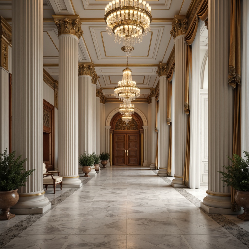 Prompt: Elegant mansion, grand entrance, ornate columns, intricately carved wooden doors, polished marble floors, crystal chandeliers, neutral color palette, creamy whites, soft grays, rich wood tones, gilded accents, luxurious fabrics, velvet drapes, satin upholstery, subtle sheen, refined textures, symmetrical composition, dramatic lighting, warm golden glow, shallow depth of field, 2/3 composition.