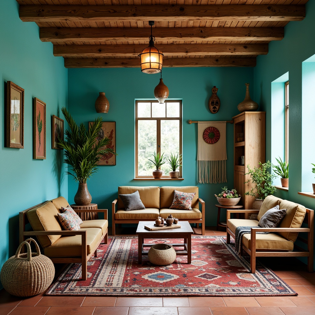 Prompt: Vibrant turquoise walls, earthy terracotta floors, rustic wooden furniture, woven baskets, colorful Navajo-inspired textiles, geometric-patterned rugs, eclectic vintage decorative items, natural fiber macrame wall hangings, warm pendant lighting, earth-toned ceramic vases, cactus-shaped planters, desert botanical prints, Southwestern-style pottery, hand-carved wooden masks, vibrant folk art paintings, cozy woven throw blankets, plush area rugs, soft ambient lighting, 1/2 composition, intimate warm atmosphere.