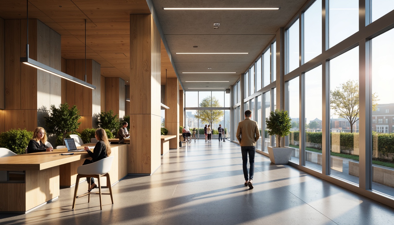 Prompt: Modern university interior, sleek minimalist aesthetic, recessed LED lighting, suspended linear fixtures, polished chrome accents, warm wooden tones, natural stone walls, floor-to-ceiling windows, abundant daylight, soft indirect illumination, energy-efficient solutions, subtle color temperatures, 1/1 composition, realistic reflections, ambient occlusion.