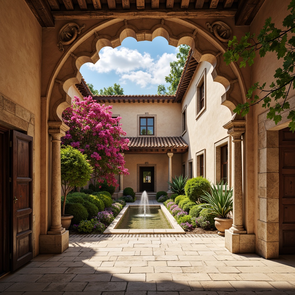 Prompt: Majestic monastery archways, ornate stone carvings, rustic terracotta roofs, vibrant bougainvillea flowers, lush greenery, serene courtyard, tranquil fountain, warm sandy stonework, weathered wooden doors, intricate ironwork details, soft warm lighting, shallow depth of field, 1/2 composition, realistic textures, ambient occlusion.