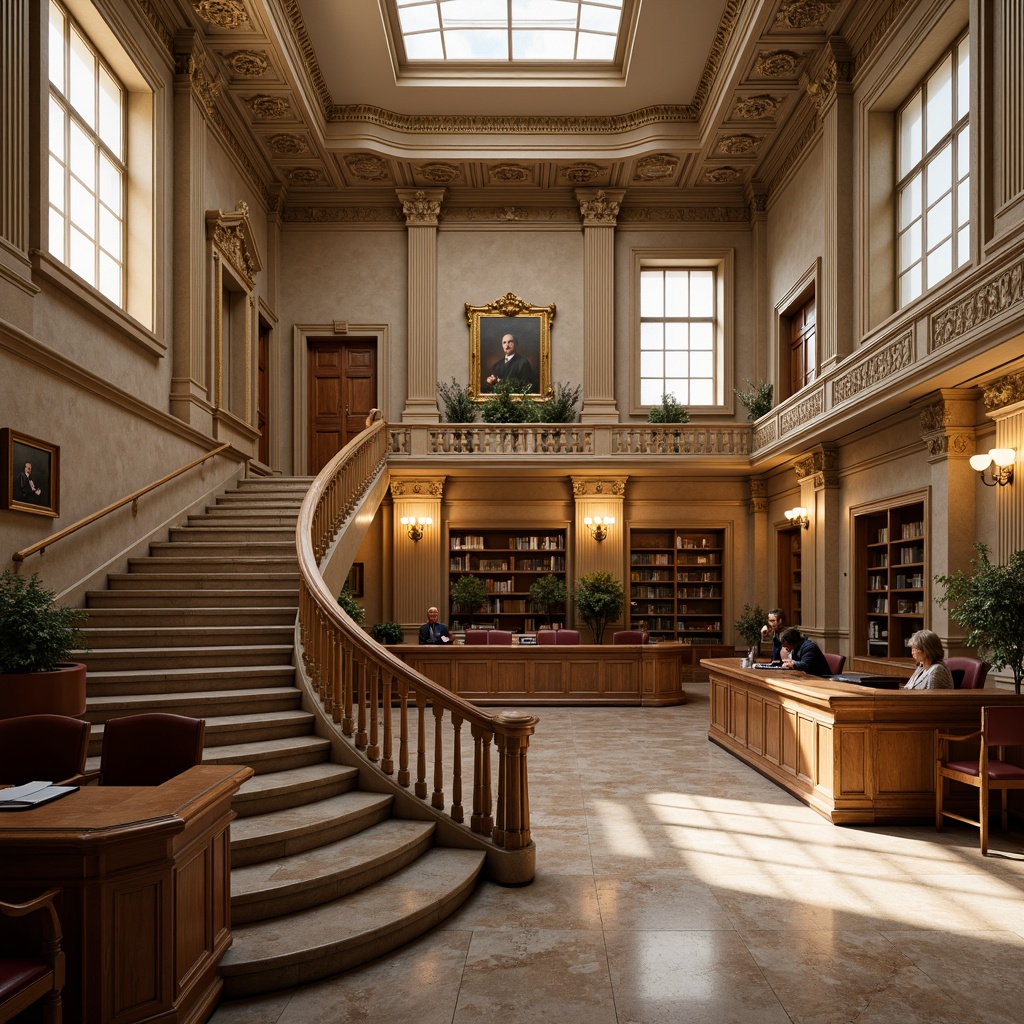 Prompt: Historic courthouse, grand staircase, ornate balustrades, rich wood paneling, polished marble floors, classic columnar details, decorative plaster ceilings, traditional judicial benches, formal courtroom settings, dignified judge's chambers, solemn law libraries, warm beige color schemes, subtle natural lighting, elegant chandeliers, refined metalwork, sophisticated architectural moldings, ornamental window treatments, stately wooden doors, imposing stone facades, ceremonial courtrooms, formal hearing rooms.