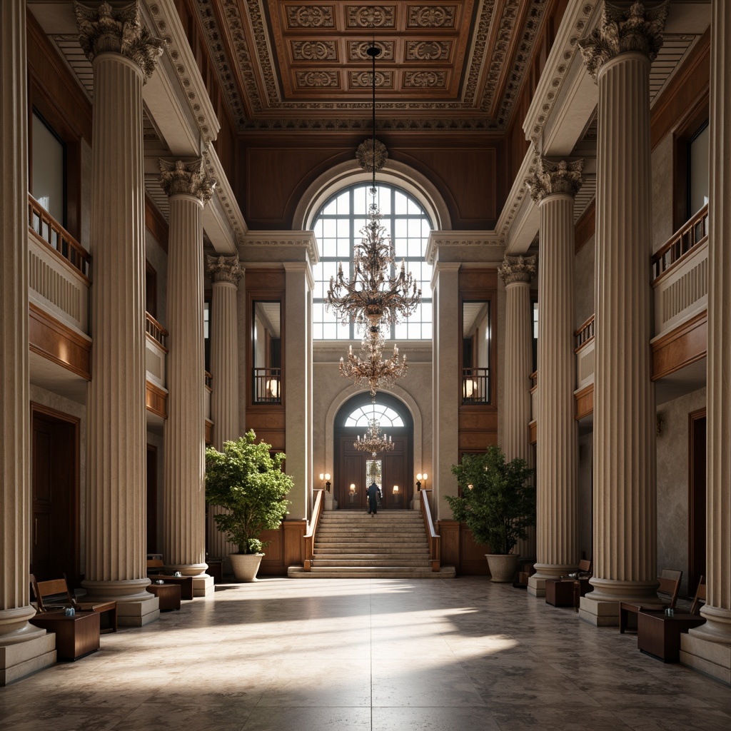 Prompt: Grand museum entrance, imposing neoclassical columns, ornate stone carvings, intricate moldings, majestic archways, high ceilings, elegant chandeliers, sophisticated marble floors, refined wooden paneling, subtle natural lighting, dramatic spotlights, 1/2 composition, shallow depth of field, realistic textures, ambient occlusion.