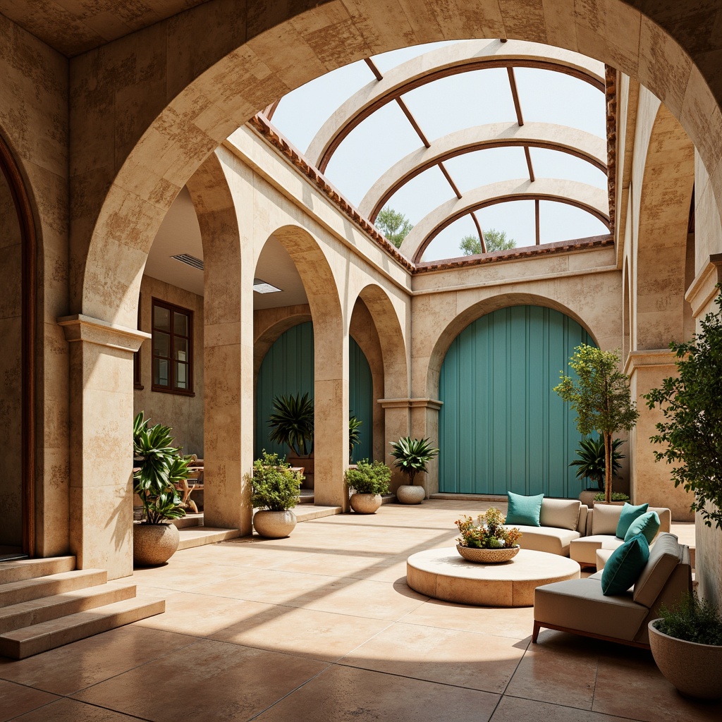 Prompt: Warm beige stone walls, terracotta tile flooring, soft blue accents, natural wood tones, elegant arches, curved lines, ornate metalwork, vibrant turquoise hues, sunny skylights, lush greenery, airy open spaces, modern minimalist furniture, sleek chrome fixtures, warm ambient lighting, shallow depth of field, 1/1 composition, realistic textures, subtle gradient maps.