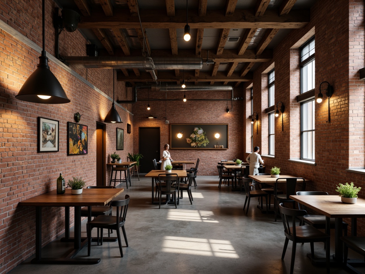 Prompt: Exposed brick walls, metal beams, reclaimed wood accents, vintage machinery, industrial-style lighting fixtures, metal shades, Edison bulbs, wrought iron details, urban loft atmosphere, high ceilings, concrete floors, modern minimalist decor, functional piping, distressed finishes, warm ambient glow, softbox lighting, 1/1 composition, realistic textures, subtle shadows.