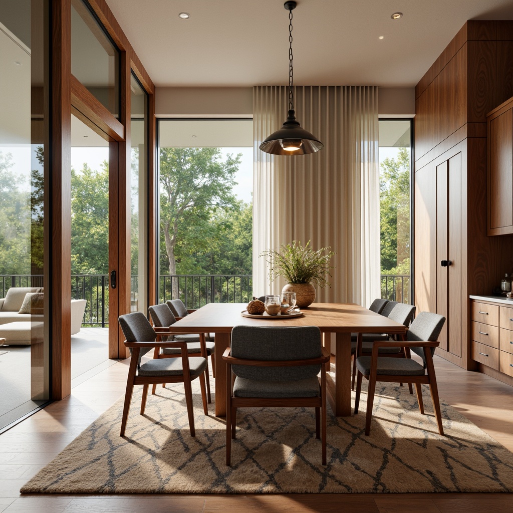 Prompt: Mid-century modern dining room, wooden table with tapered legs, upholstered chairs with sleek lines, geometric patterned rug, floor-to-ceiling windows, natural light, minimal ornamentation, warm earthy tones, walnut wood accents, vintage metal lighting fixtures, organic shaped decorative accessories, 3/4 composition, shallow depth of field, realistic textures, ambient occlusion.