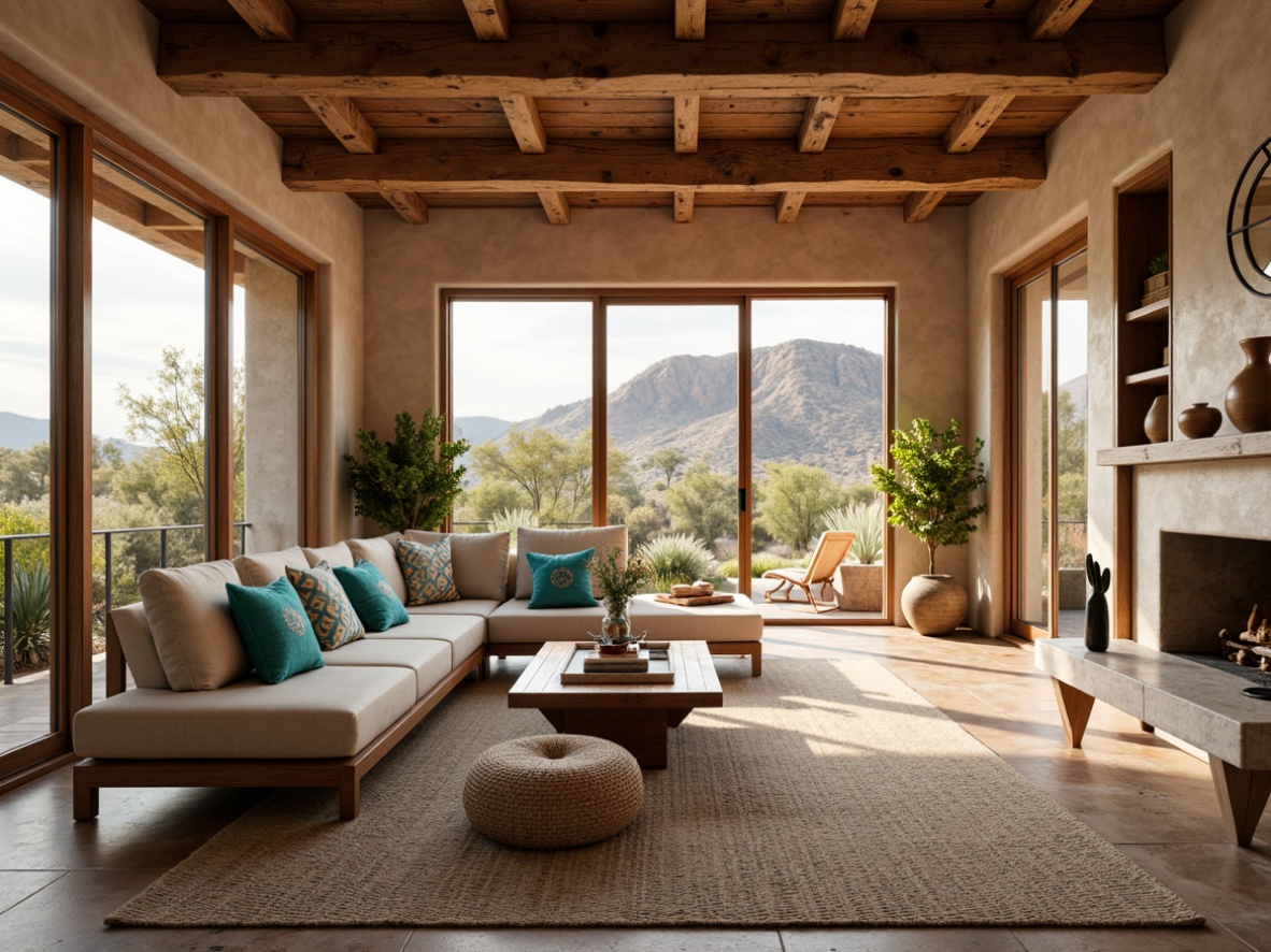 Prompt: Southwestern-style living room, earthy tone color palette, natural stone flooring, plush area rugs, wooden beam ceilings, large windows, sliding glass doors, desert landscape views, cacti plants, warm sunny day, soft gentle lighting, shallow depth of field, 3/4 composition, vibrant turquoise accents, woven textiles, geometric patterned throw pillows, rustic metal decor, woven baskets, natural fiber upholstery, organic shapes, airy atmosphere, cozy reading nooks.