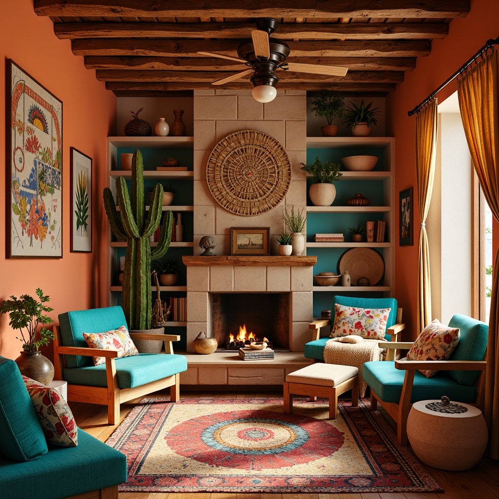 Prompt: Vibrant turquoise accents, earthy terracotta tones, rustic wooden furniture, woven baskets, hand-carved decorative elements, colorful textiles, natural fiber rugs, geometric patterned tiles, warm golden lighting, cozy reading nook, distressed wood shelves, woven wall hangings, Southwestern-inspired artwork, eclectic vintage decor, organic shapes, earthy scents, airy open space, soft warm colors, 3/4 composition, shallow depth of field.