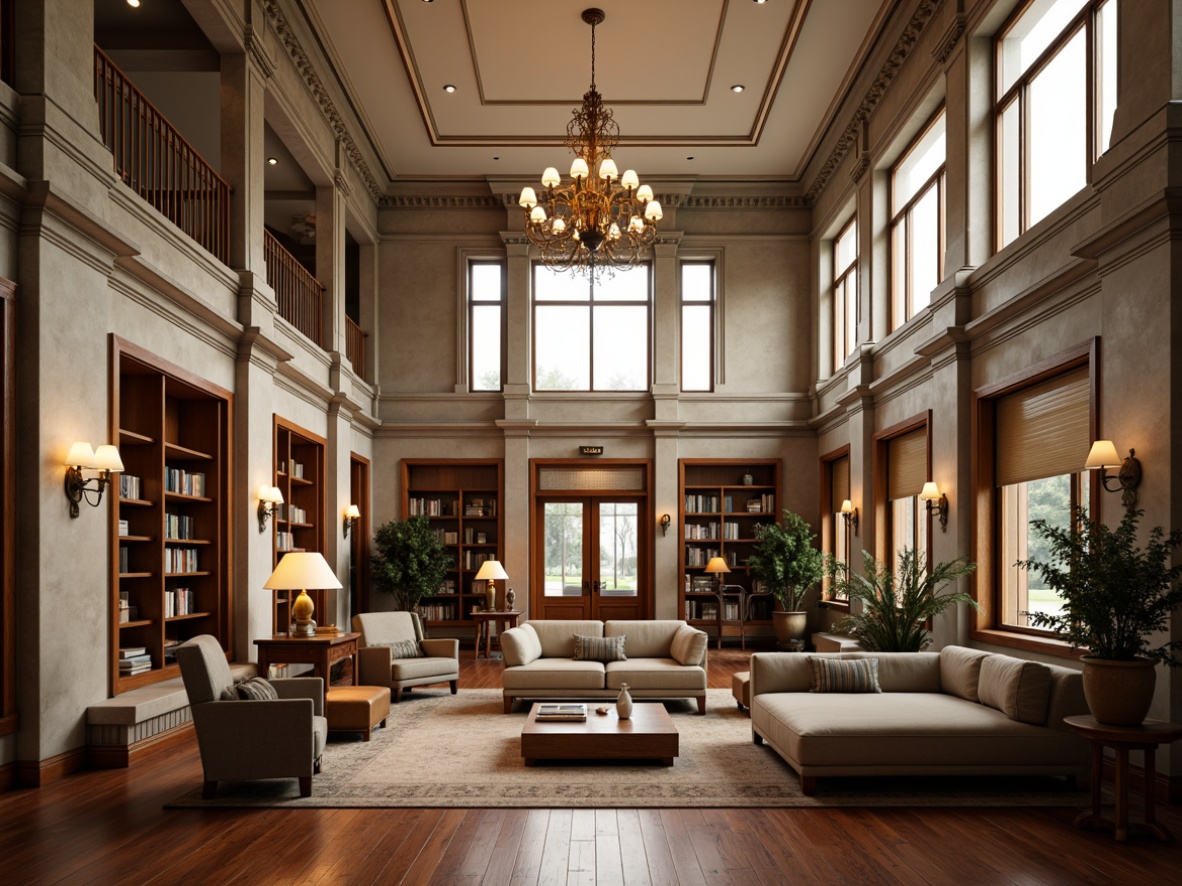 Prompt: Elegant academic interior, rich wood tones, comfortable seating areas, sophisticated chandeliers, warm floor lamps, subtle table lights, soft diffused lighting, creamy white walls, polished wooden floors, ornate ceiling details, majestic stone columns, classic architectural styles, spacious reading rooms, cozy study nooks, abundant natural light, high ceilings, dramatic staircases, elegant banisters, refined color palette, subtle texture contrasts, 1/2 composition, warm color temperature, soft shadows, realistic material reflections.