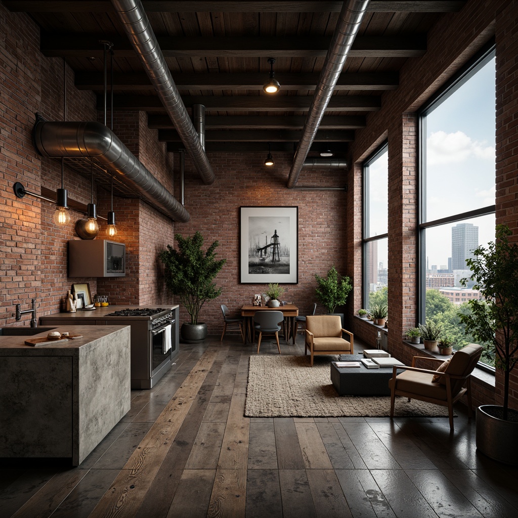 Prompt: Industrial-chic apartment, exposed brick walls, distressed wooden floors, metal beams, reclaimed wood accents, functional industrial pipes, Edison bulb lighting, urban loft atmosphere, concrete countertops, stainless steel appliances, minimalist decor, modern industrial furniture, cityscape views, gritty textures, moody color palette, high ceilings, open concept living space, eclectic art pieces, vintage factory machinery, rough-hewn stone walls, atmospheric smokestack-inspired lighting fixtures, cinematic 3/4 composition, dramatic shadows, gritty realism.