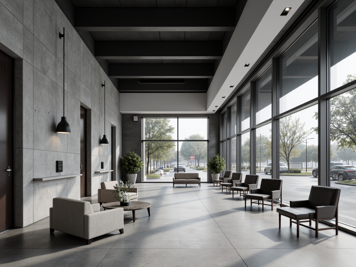 Prompt: Monochromatic bank interior, sleek modern furniture, minimalist decor, texturized walls, concrete flooring, industrial metal accents, recessed lighting, subtle branding elements, natural stone counters, frosted glass partitions, simple color palette, ample natural light, shallow depth of field, 1/1 composition, soft box lighting, realistic reflections.