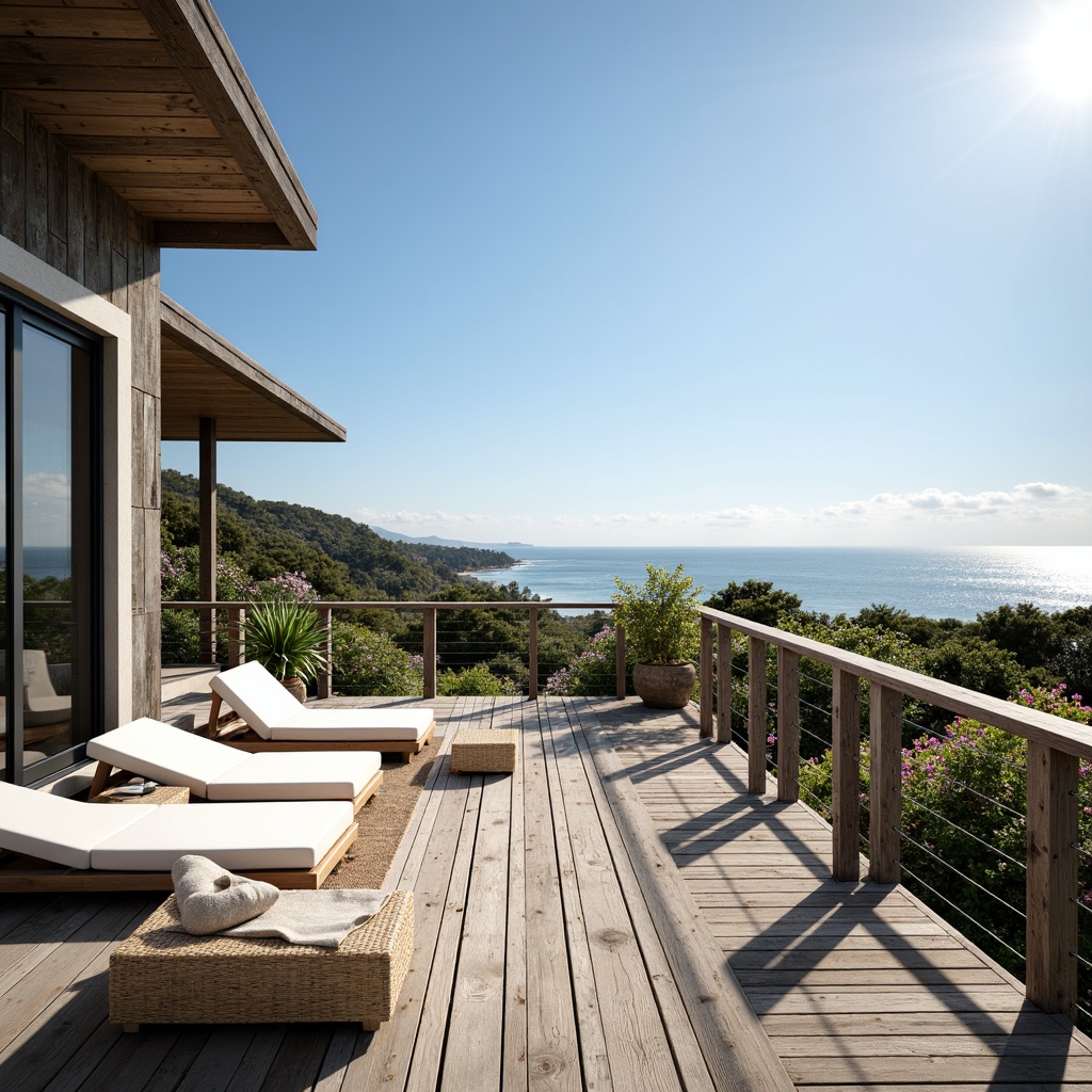 Prompt: Seaside coastal home, ocean views, expansive outdoor decks, wooden railings, nautical themed decor, beachy color palette, natural textiles, driftwood accents, salt-tolerant plant species, succulents, tropical flowers, warm sunny day, soft ocean breeze, shallow depth of field, 1/1 composition, panoramic view, realistic textures, ambient occlusion.