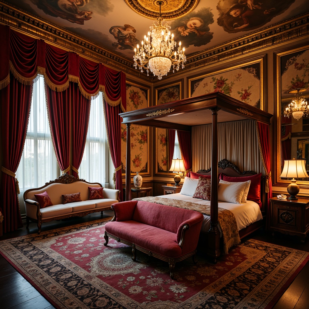 Prompt: Opulent boudoir, lavish velvet drapes, intricate golden embroidery, plush silk upholstery, ornate crystal chandeliers, curved mahogany furniture, soft warm candlelight, richly patterned rugs, delicate lace trim, majestic four-poster bed, carved wooden paneling, Baroque-inspired mirrors, luxurious fur throws, antique bronze hardware, indulgent satin fabrics, whimsical floral motifs, dramatic ceiling frescoes, lavish tassel details, 1/1 composition, shallow depth of field, warm soft focus.