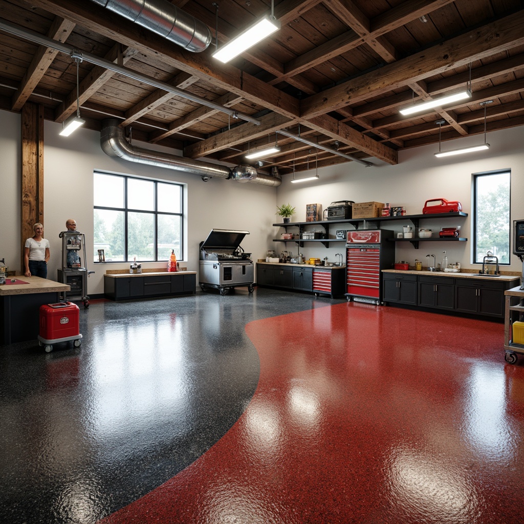 Prompt: Industrial-style garage, epoxy-coated floors, glossy finish, textured surfaces, metallic sheen, bold color schemes, high-traffic durability, stain-resistant coatings, easy cleaning maintenance, reflective lighting, overhead storage racks, tool chests, workbenches, built-in shelving units, modern rustic decor, exposed ductwork, concrete foundations, epoxy-based paints, chemical-resistant finishes.