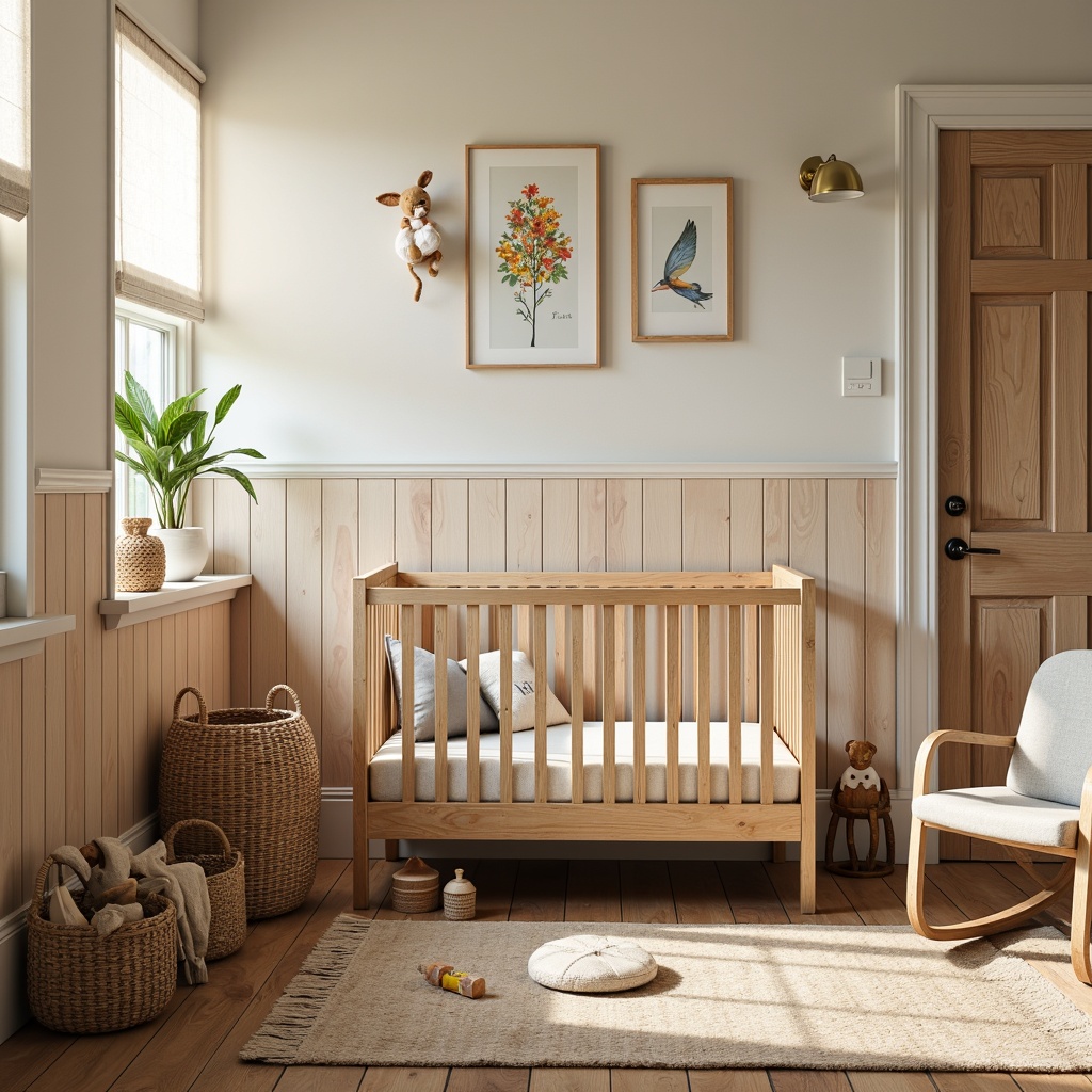 Prompt: Rustic wooden crib, soft pastel colors, vintage metal rocking chair, plush toys, woven baskets, natural fiber rug, distressed wood furniture, earthy tones, cozy reading nook, warm task lighting, creamy whites, beige linens, floral patterns, gentle curves, whimsical wall art, nature-inspired accents, baby blocks, wooden mobiles, soothing color palette, 1/2 composition, shallow depth of field, warm afternoon sunlight.