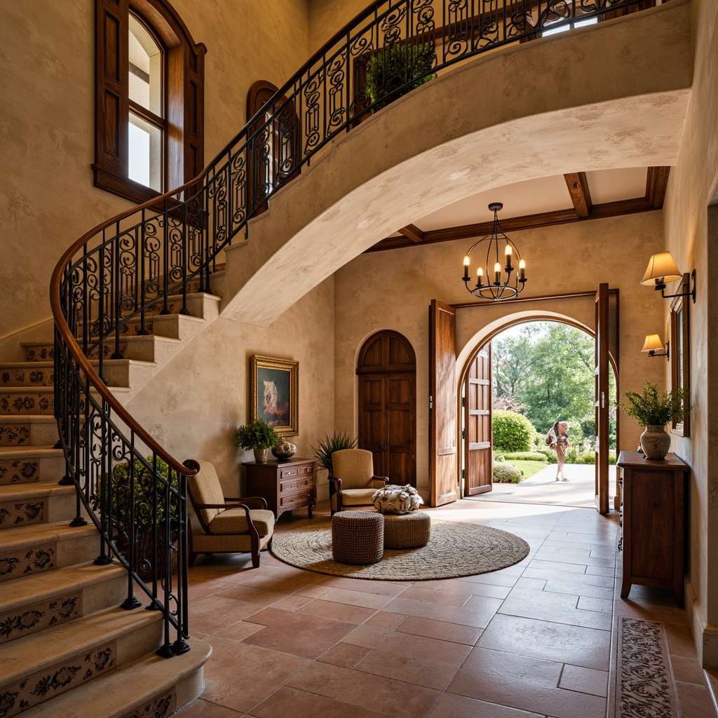 Prompt: Curved staircase, wrought iron railing, ornate metalwork, terra cotta tiles, warm beige stone walls, rustic wooden handrails, decorative ceramic tiles, arched openings, grand entrance foyer, high ceilings, elegant chandeliers, soft warm lighting, shallow depth of field, 3/4 composition, realistic textures, ambient occlusion, Mediterranean-inspired architectural style, classic ornate details, luxurious fabrics, earthy color palette.