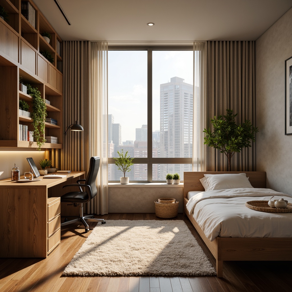 Prompt: Cozy student dormitory, modern minimalist decor, functional furniture layout, comfortable bedding, wooden desk, ergonomic chair, ample storage shelves, soft warm lighting, natural wood tones, plush area rug, floor-to-ceiling windows, cityscape views, morning sunlight, 1/2 composition, shallow depth of field, realistic textures, ambient occlusion.