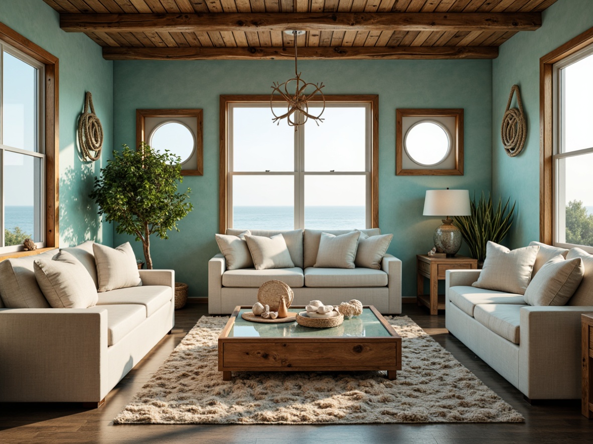 Prompt: Coastal-themed lounge, driftwood accents, nautical ropes, ocean-inspired color palette, calming turquoise hues, sandy beige textures, seashell decorations, coral-patterned rugs, wavy glass coffee tables, distressed wood furniture, vintage fishing nets, porthole windows, natural linen upholstery, soft warm lighting, shallow depth of field, 1/1 composition, realistic ocean sounds, misty morning ambiance.