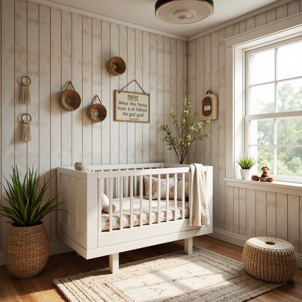 Prompt: Whimsical baby nursery, vernacular style, distressed wood accents, soft pastel colors, floral patterns, white wooden crib, plush toys, vintage-inspired wallpaper, natural woven baskets, macrame wall hangings, warm beige tones, earthy textures, rustic metal decor, softbox lighting, shallow depth of field, 1/1 composition, intimate atmosphere, cozy reading nook.