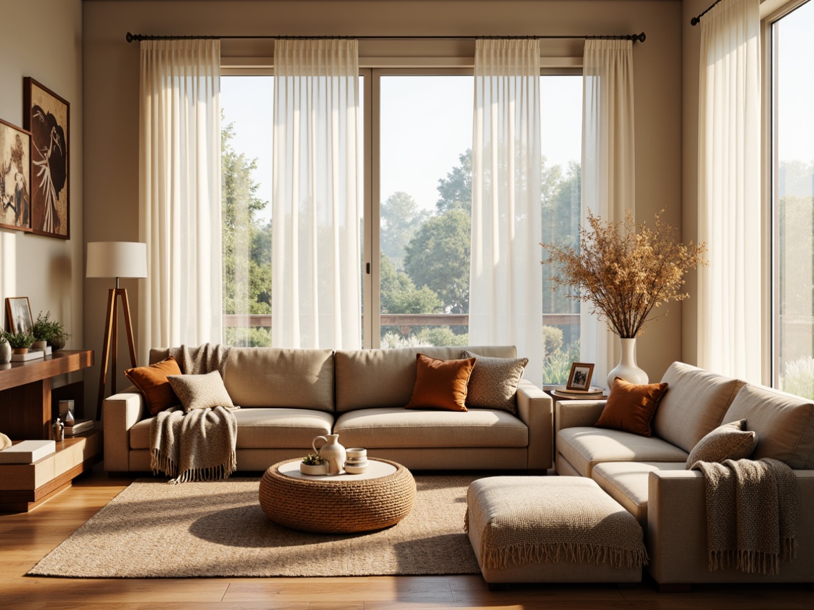 Prompt: Cozy living room, plush velvet sofas, soft chunky blankets, woven basket coffee tables, natural fiber rugs, warm beige walls, modern minimalist decor, floor-to-ceiling windows, sheer white curtains, abundant sunlight, comfortable reading nooks, oversized pillows, geometric patterned throw blankets, tactile upholstery fabrics, soft warm lighting, 1/1 composition, shallow depth of field, realistic textures.