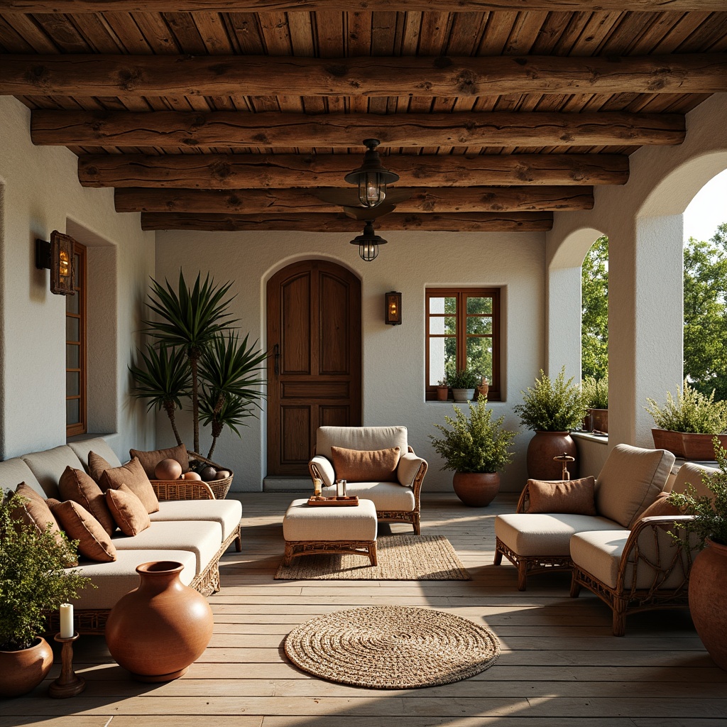 Prompt: Rustic wooden planks, weathered stone walls, earthy terracotta pots, woven wicker furniture, natural fiber rugs, distressed metal accents, reclaimed wood beams, organic-shaped planters, handmade ceramics, warm candlelight, soft morning sunbeams, subtle shadows, shallow depth of field, 2/3 composition, realistic textures, ambient occlusion.