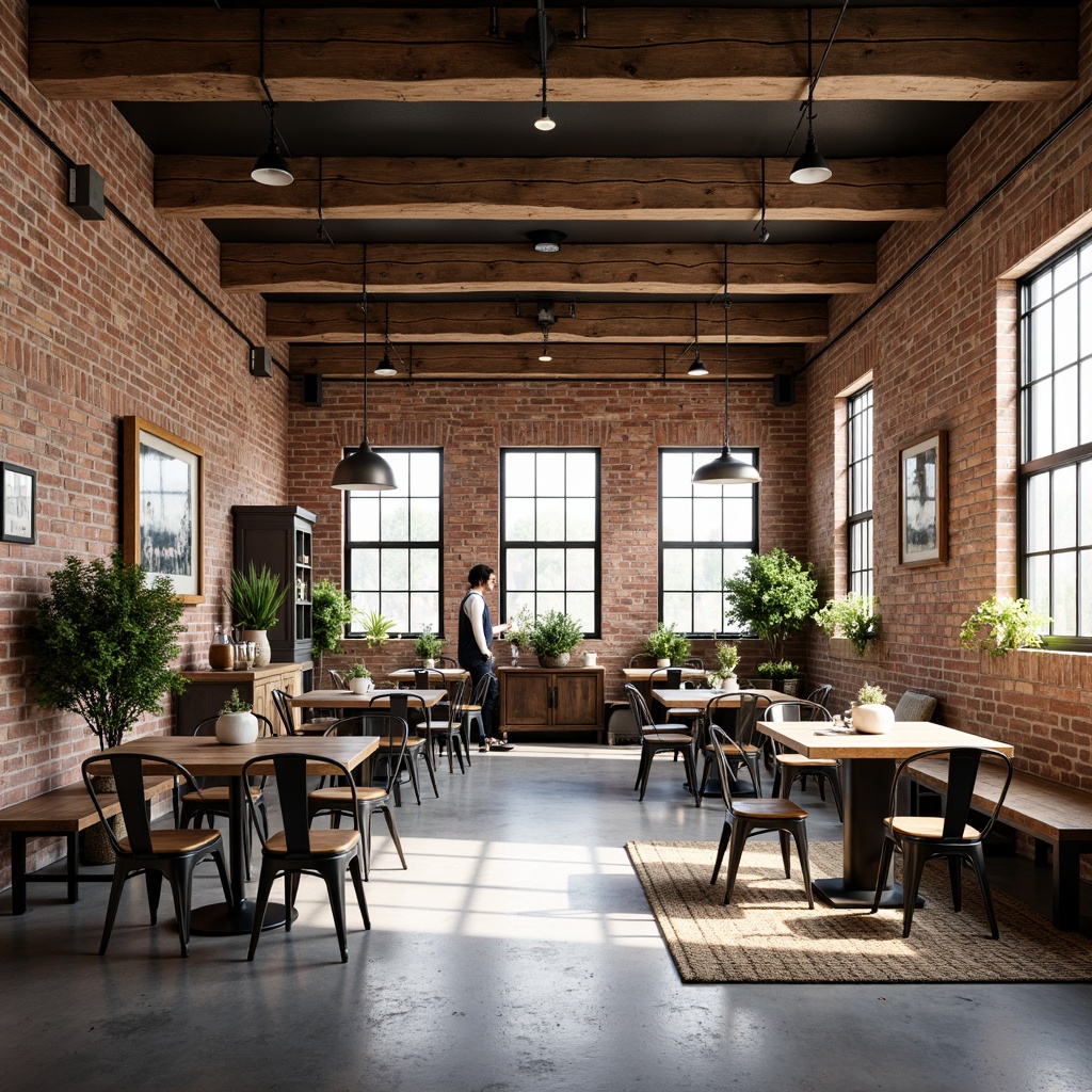 Prompt: Rustic farmhouse interior, exposed brick walls, metal accent lighting fixtures, reclaimed wood beams, distressed metal decor, industrial-style metal chairs, vintage factory windows, earthy tone color palette, natural stone flooring, modern industrial-chic metal accents, matte black finish, minimalist ornamentation, urban loft-inspired atmosphere, abundant natural light, airy open space, 3/4 composition, soft warm lighting, realistic textures.