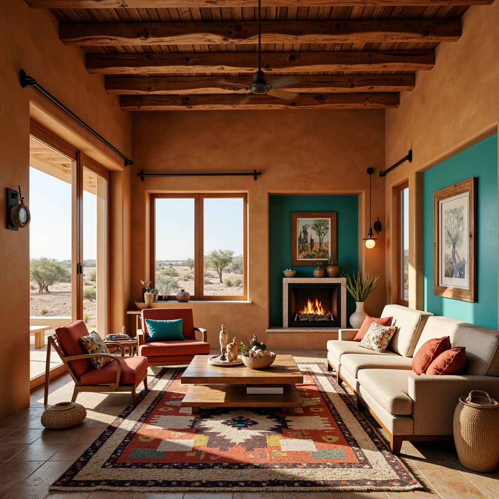 Prompt: Vibrant turquoise accents, earthy terracotta walls, warm sandy beige floors, rich walnut wood furnishings, plush sienna red armchairs, soft cream-colored sofas, natural woven baskets, colorful kilim patterned rugs, geometric Native American-inspired textiles, warm golden lighting, rustic wooden ceiling beams, large windows with desert landscape views, 3/4 composition, shallow depth of field, realistic textures, ambient occlusion.