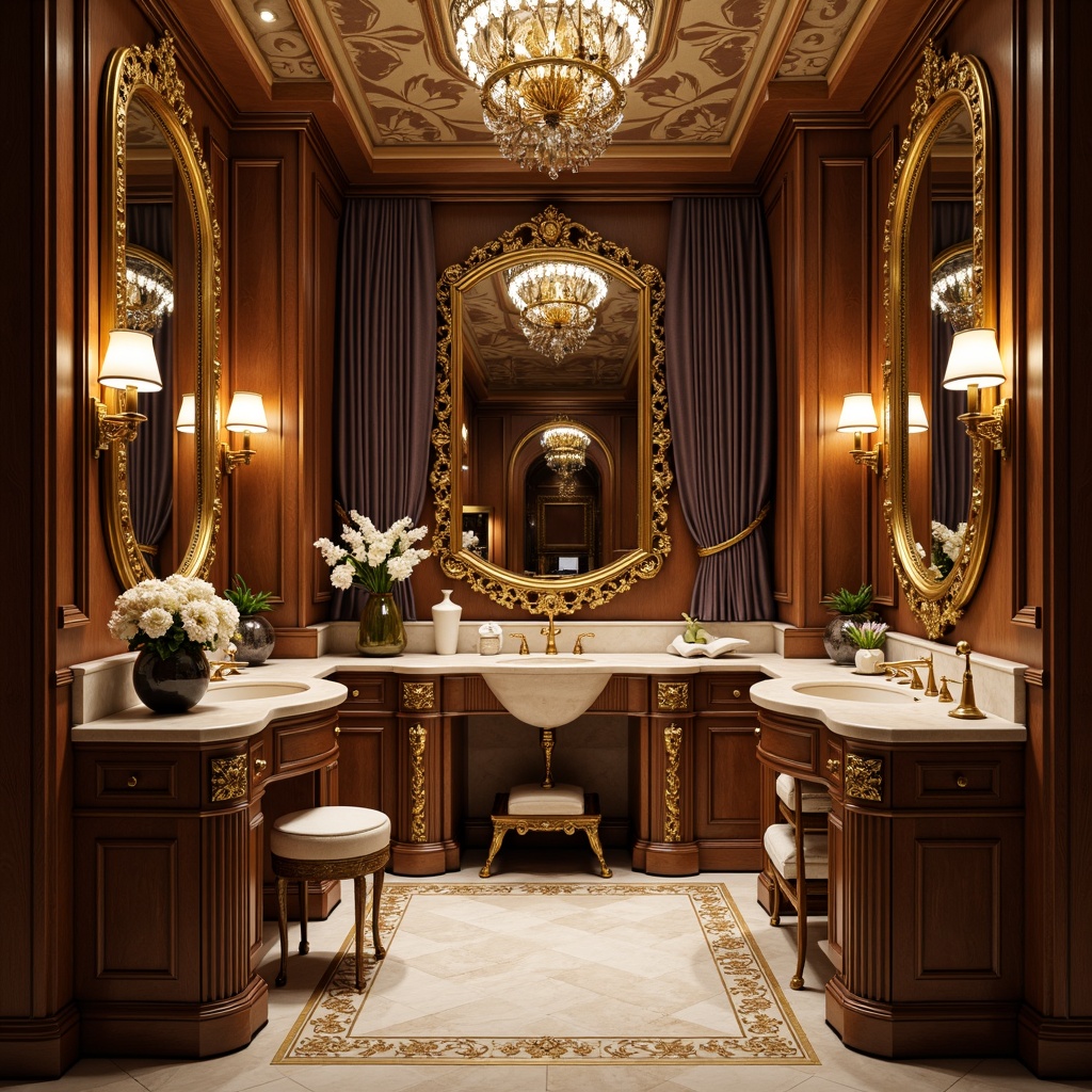 Prompt: Luxurious powder room, ornate mirrors, intricately carved wooden paneling, rich velvet drapes, golden metallic accents, subtle LED lighting, soft warm glow, delicate floral patterns, sinuous lines, flowing curves, ornamental plasterwork, creamy marble countertops, decorative ceramic tiles, antique furniture pieces, elegant wall sconces, lavish chandeliers, opulent fabrics, dramatic floor-to-ceiling drapery, intimate ambiance, 1/2 composition, shallow depth of field, soft focus.